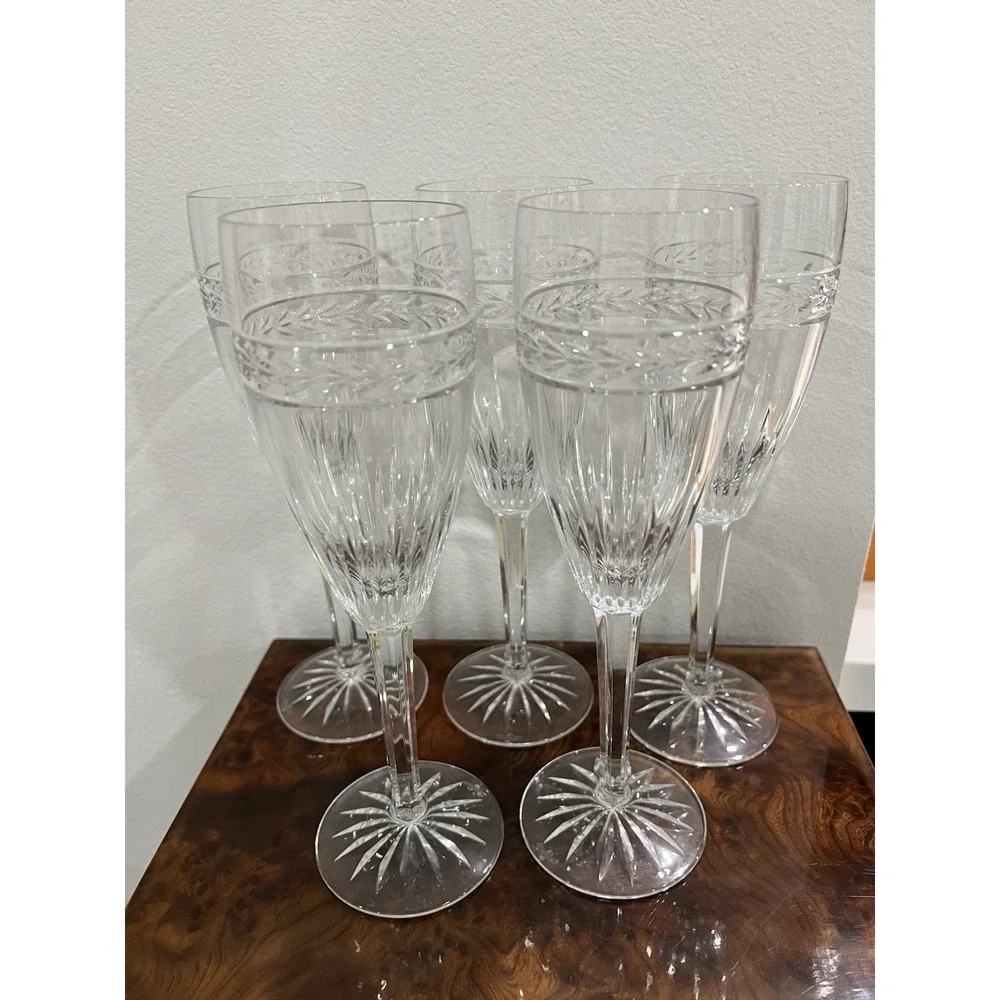 Set of 5 Waterford Laurel Crystal Champagne Flutes 8.5